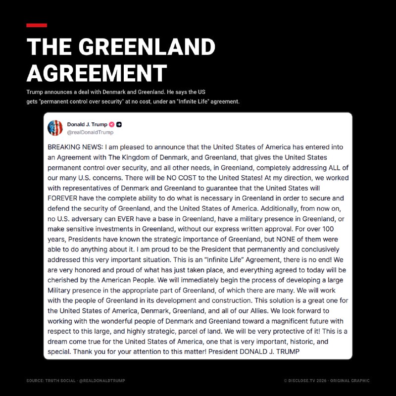 JUST IN - Trump says the U.S. has reached an agreement with Denmark and Greenland granting 