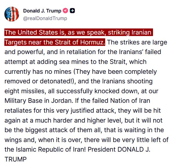 NEW - The U.S. is currently striking targets in Iran near the Strait of Hormuz, as Trump announces, 