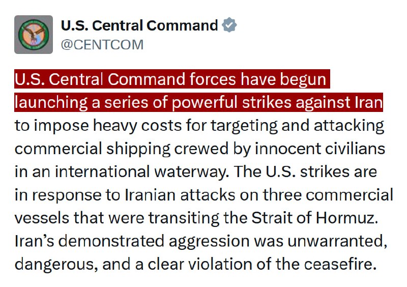 JUST IN - U.S. military launches a wave of strikes against Iran, retaliating for attacks on three commercial ships in the Strait of Hormuz that the U.S. says breached the ceasefire.Source: 