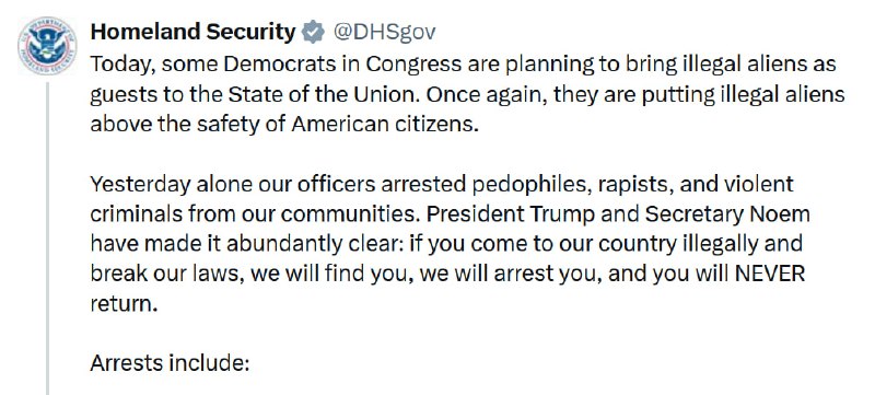 NEW - U.S. DHS says some Democrats in Congress are planning to bring illegal aliens as guests to Trump's State of the Union address tonight.@disclosetv