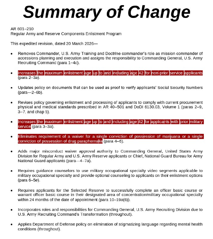 JUST IN - Effective April 20, 2026, the U.S. Army is increasing the maximum enlistment age from 34 to 42 and eliminating waiver requirements for a single conviction of possession of marijuana.@disclosetv