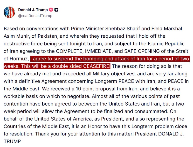 JUST IN - Trump agrees to a 2-week ceasefire with Iran.Source: 