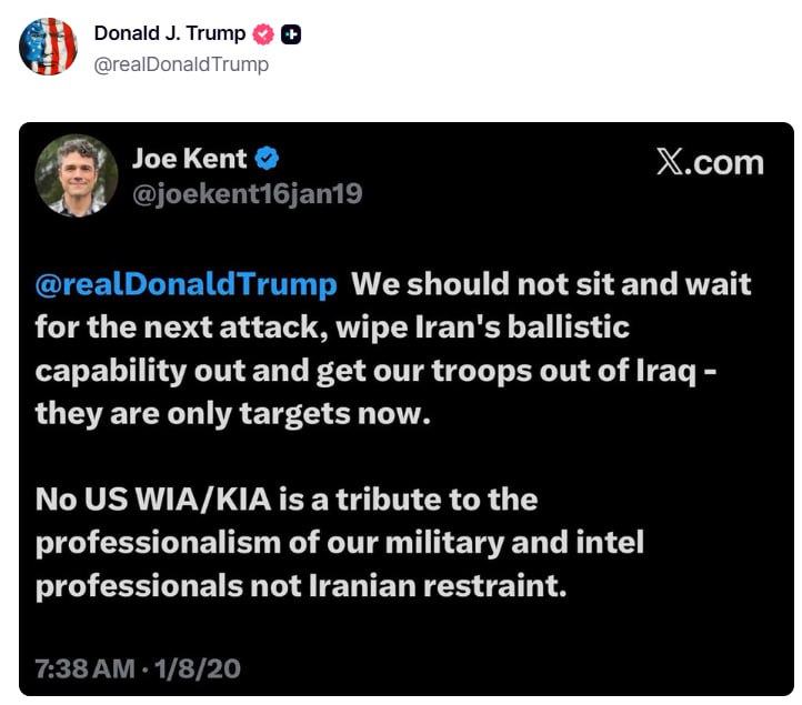 JUST IN - Trump shares an X post from Joe Kent supporting military action against Iran.Source: 