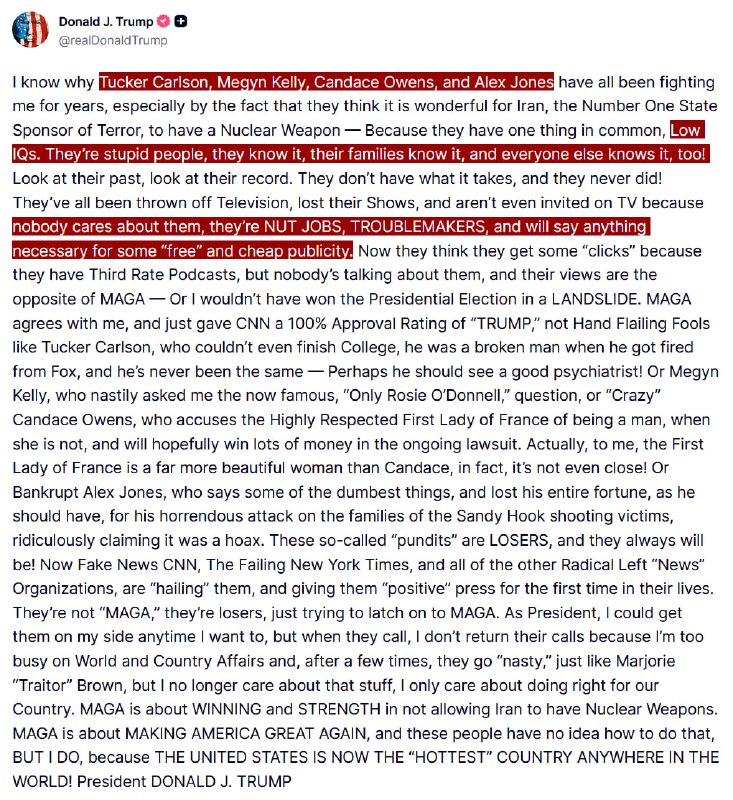 JUST IN - Trump calls Alex Jones, Tucker Carlson, Candace Owens and Megyn Kelly, 