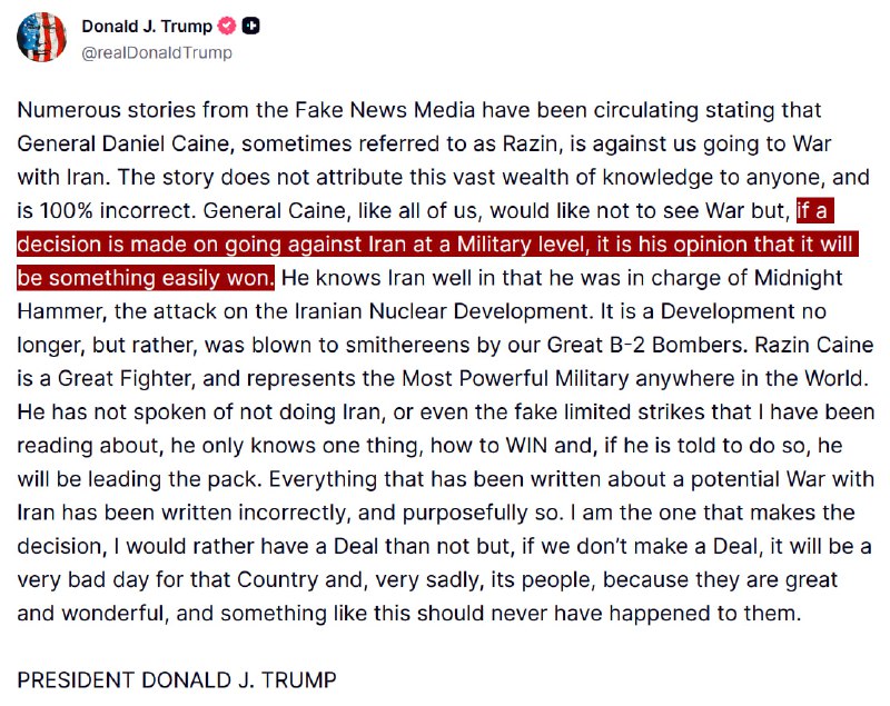 JUST IN - Trump says reports that the Pentagon is warning him against attacking Iran are 