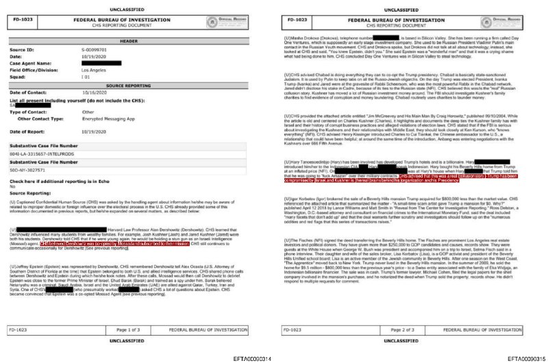 JUST IN - FBI report, citing a confidential human source released in the final batch of Epstein files, claims, 