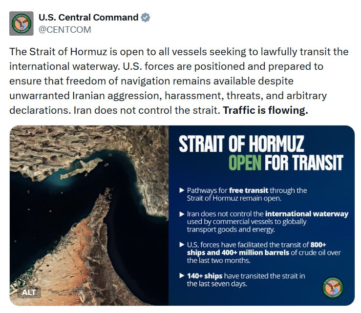 JUST IN - U.S. declares the Strait of Hormuz open to all vessels: 