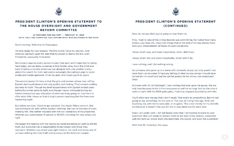 JUST IN - Bill Clinton releases opening statement in his Epstein deposition: 
