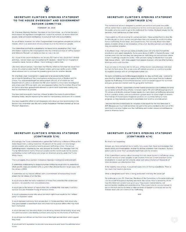 JUST IN - Hillary Clinton shares her opening statement, ahead of her closed-door House testimony at the Chappaqua Performing Arts Center, over her relationship with Jeffrey Epstein: 