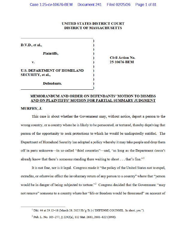JUST IN - U.S. Judge Brian Murphy of Massachusetts blocks Trump's rapid deportation policy of migrants to third countries, ruling it's illegal and unconstitutional.@disclosetv