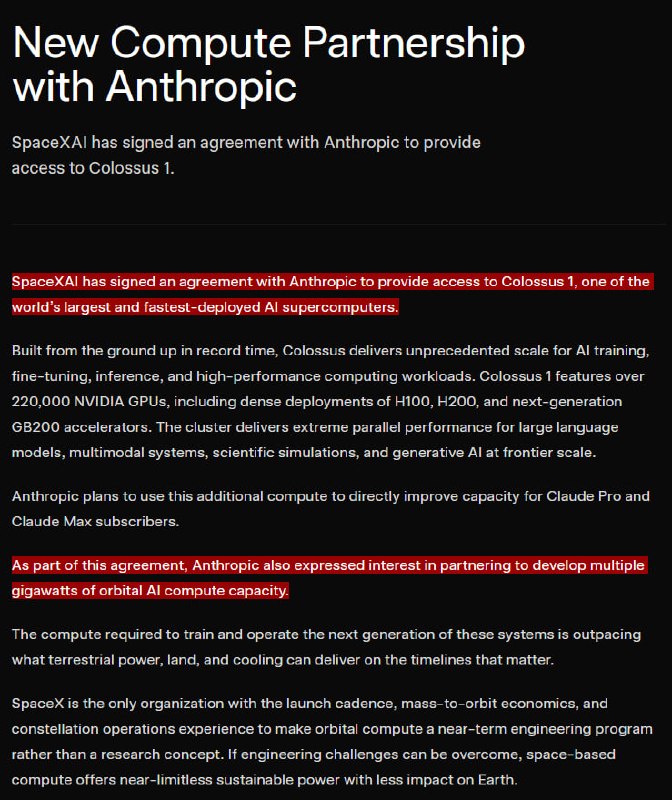 JUST IN - SpaceXAI signs agreement with Anthropic to provide access to Colossus 1, one of the world’s largest AI supercomputers. Anthropic also expressed interest in partnering to develop multiple gigawatts of AI data centers in space.Source: 