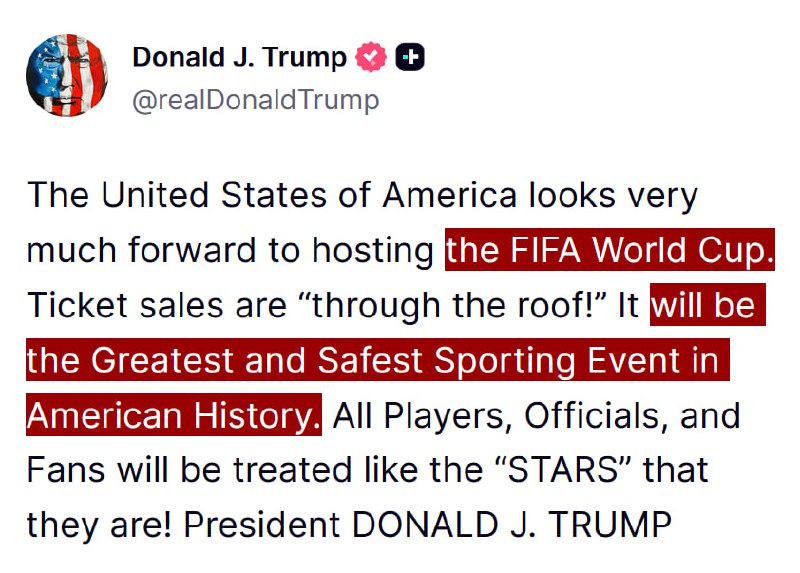JUST IN - Trump says that the U.S. hosted FIFA World Cup 