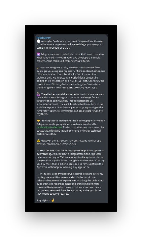 JUST IN - Pavel Durov issues a statement after Telegram is removed from and restored to Apple's App Store.Source: 