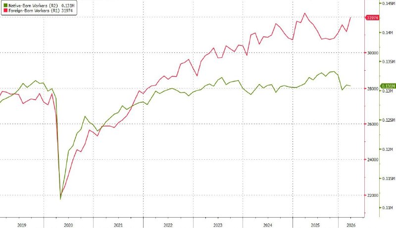 NEW - Native-born U.S. employment plateaus at 7-year level, while foreign-born workers steadily increase.@disclosetv