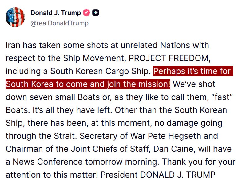 JUST IN - Trump calls on South Korea to join the Iran war.Source: 
