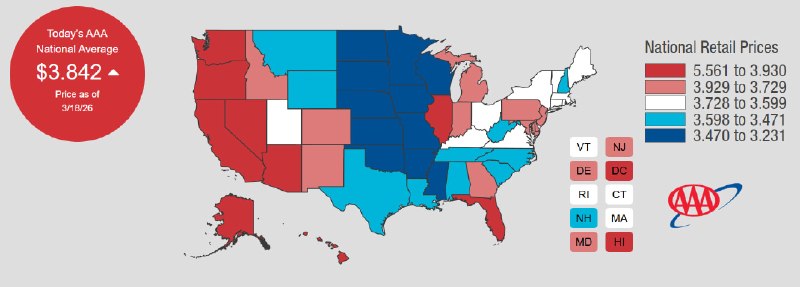 JUST IN - U.S. national gas prices jump to $3.84 per gallon, a rise of over .92 cents from about a month ago, and up .27 cents from last week — AAA@disclosetv