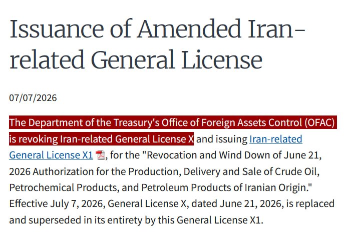 JUST IN - U.S. Treasury revokes general license waiver that authorized the sale of Iranian oil — OFACSource: 