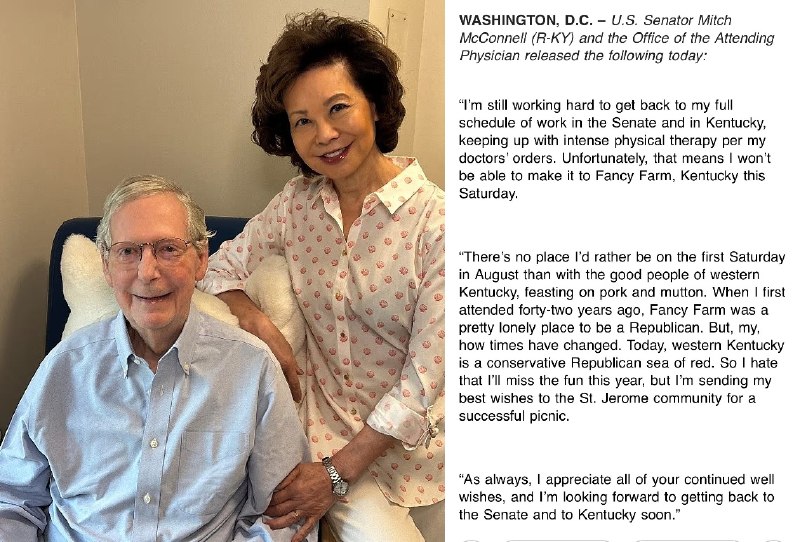 JUST IN - Mitch McConnell releases new proof-of-life photo, and statement, in an email from his press office.Mitch McConnell still has not spoken publicly in the 44 days since his hospitalization, and the July 26 proof-of-life photo closely resembles one from two weeks ago, fueling health speculation.Read here: 