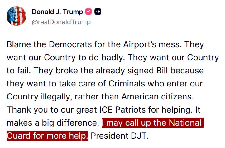 JUST IN - Trump considers calling in the National Guard to manage airport security amid partial DHS shutdown.Source: 