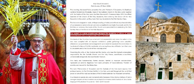 NEW - Israeli police blocked Cardinal Pizzaballa, Head of the Catholic Church in the Holy Land, from entering the Church of the Holy Sepulchre to celebrate Palm Sunday Mass, the first time in centuries that the heads of the Church were barred from celebrating Palm Sunday Mass at the Church of the Holy Sepulchre.Read here: 
