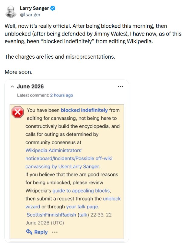 JUST IN - Ex-founder of Wikipedia Larry Sanger, is officially 