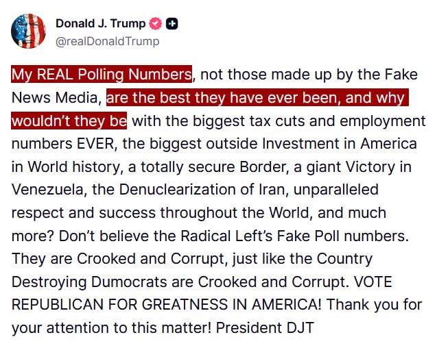 JUST IN - Trump says his poll numbers 