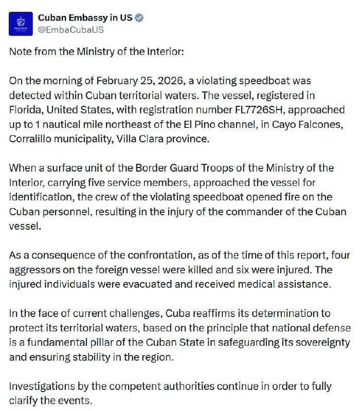 JUST IN - Four passengers on a U.S. speedboat shot and killed by Cuban coast guard, six injured, says Cuban embassy.Source: 