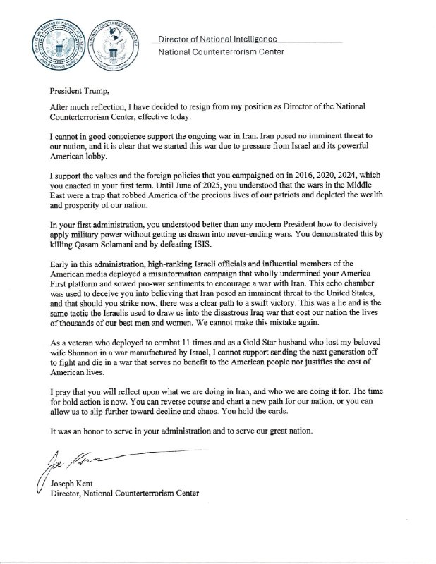 JUST IN - Trump's Director of National Counterterrorism Joe Kent resigns: 