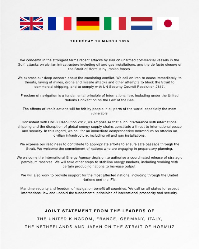 NEW - Germany, UK, France, Italy, Netherlands and Japan issue joint statement condemning Iran and expressing their 
