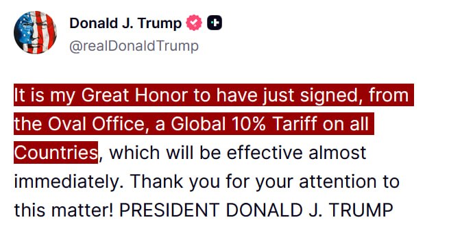 JUST IN - Trump officially signs order placing a 10% global tariff on all countries.Source: 