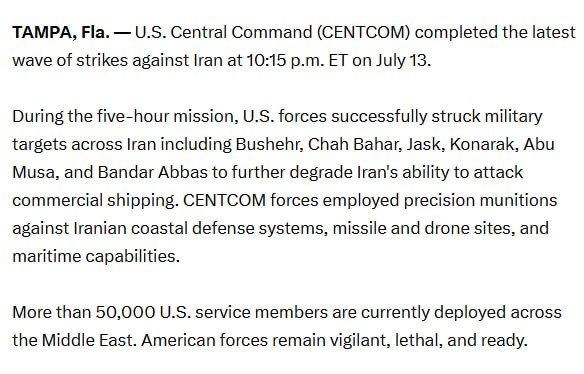 JUST IN - U.S. completes five-hour mission striking strategic targets across Iran including Bushehr, Chah Bahar, Jask, Konarak, Abu Musa, and Bandar Abbas.Source: 