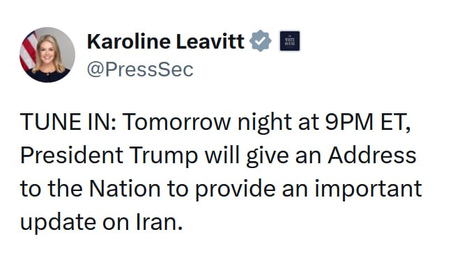 JUST IN - Trump to give an Address to the Nation tomorrow 9pm EST 