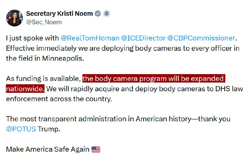 JUST IN - DHS Secretary Kristi Noem: 