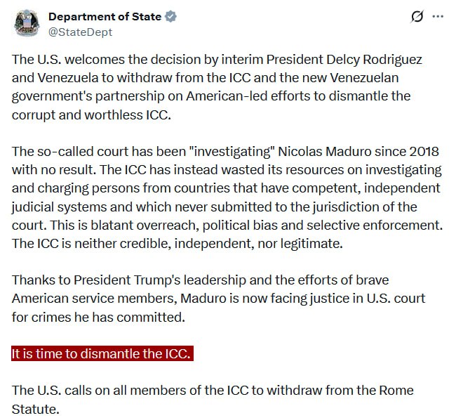 JUST IN - U.S. State Department says they welcome Venezuela's announcement of withdrawal from the ICC, calls for it to be 