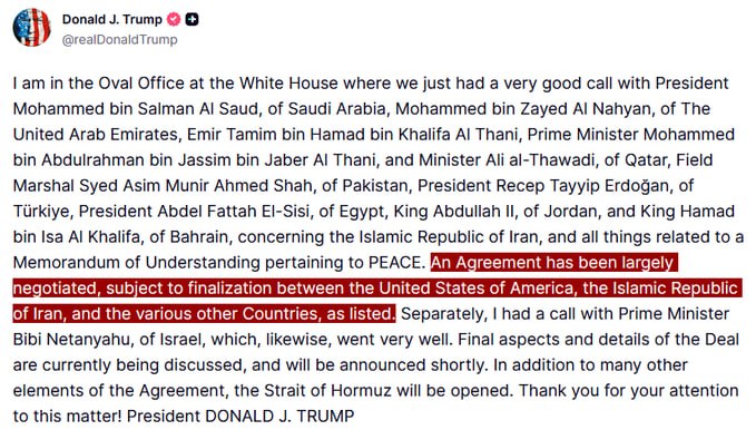 JUST IN - Trump says that after a call with relevant leaders 