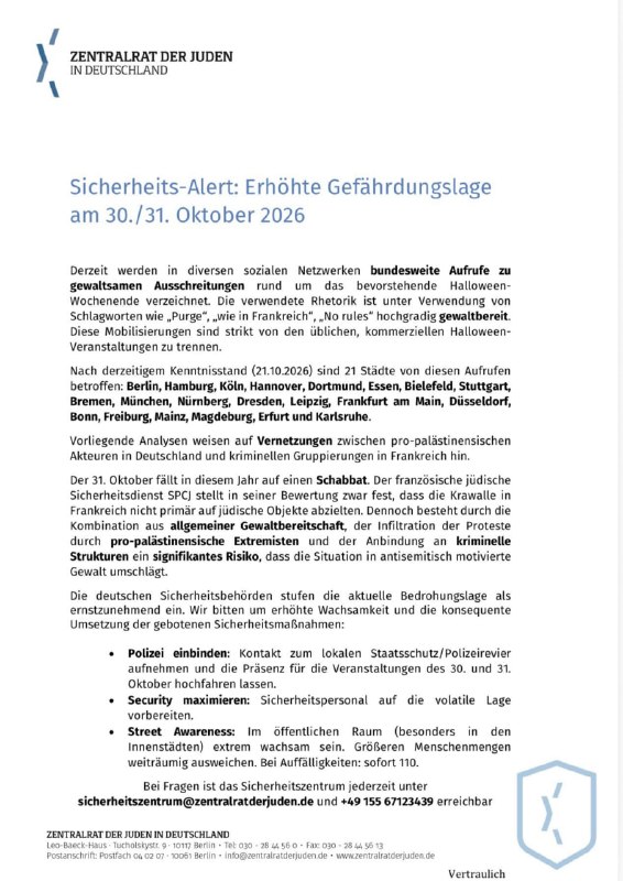 NEW - Central Council of Jews fears violence against Jews during Halloween protests, issues security alert for all major cities in Germany.@disclosetvNEW - Central Council of Jews fears violence against Jews during Halloween protests, issues security alert for all major cities in Germany.@disclosetv