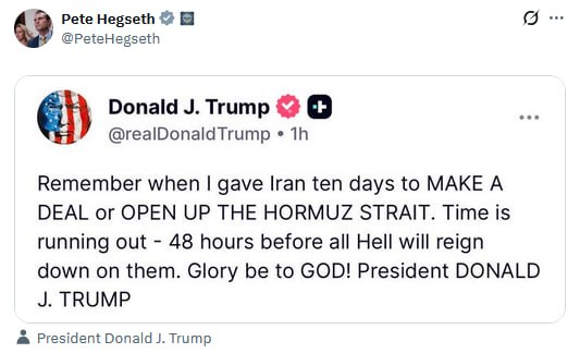 JUST IN - Secretary of War Hegseth reposts Trump's Truth Social post warning Iran about their looming deadline.@disclosetv
