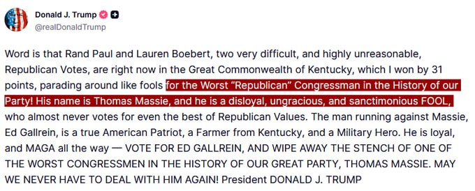 JUST IN - Trump calls Thomas Massie 
