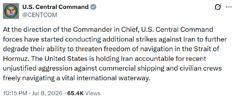 JUST IN - CENTCOM says at the direction of Trump, the U.S. military has started conducting additional strikes against Iran.@disclosetv