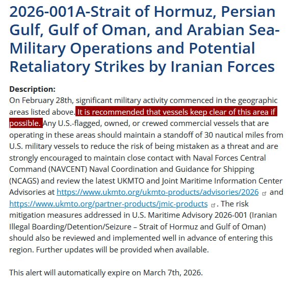 JUST IN - U.S. Transportation Department calls on commercial vessels to stay away from The  Strait of Hormuz, Persian Gulf, Gulf of Oman and Arabian Sea.Source: 