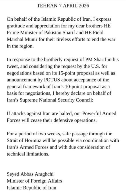 MORE - Iran's FM posts that the Supreme National Security Council agree to a 2 week ceasefire and the opening of the Strait of Hormuz.@disclosetv