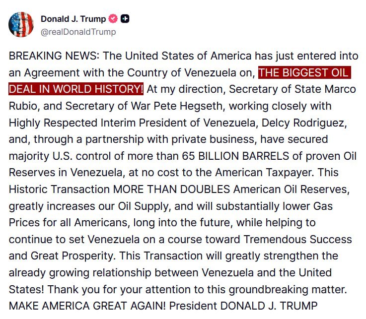 JUST IN - Trump says U.S. and Venezuela have agreed to 