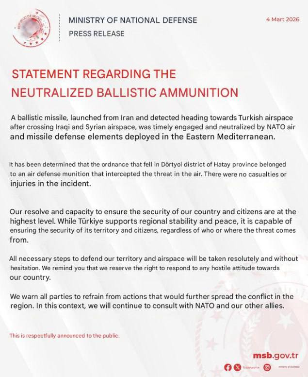 JUST IN - Turkish defence ministry says ballistic missile fired from Iran towards Turkey has been destroyed by NATO air defences in the eastern Mediterranean.Source: 
