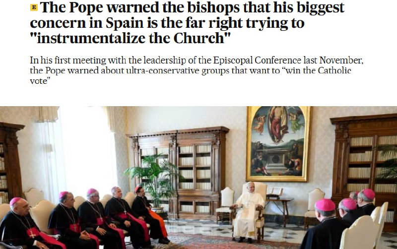 NEW - Pope Leo XIV warns Spain's top bishops in a private meeting that the biggest threat in Spain is the rise of far-right ideology seeking to instrumentalize the Church for political gain.@disclosetv