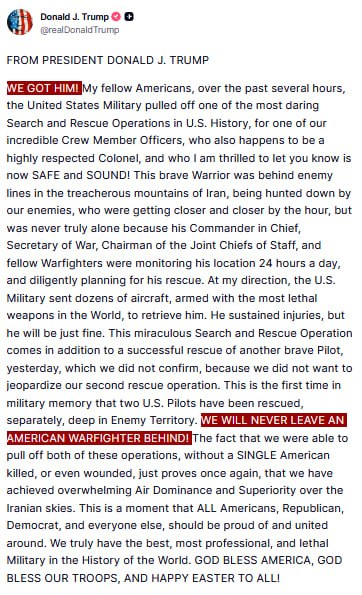 NEW - Trump confirms the second crew member from the downed U.S. fighter jet has been rescued, 