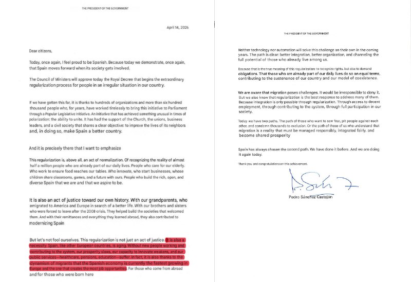 NEW - Spain's PM Sanchez says the legalization of over 500,000 migrants will be approved today, calling it 