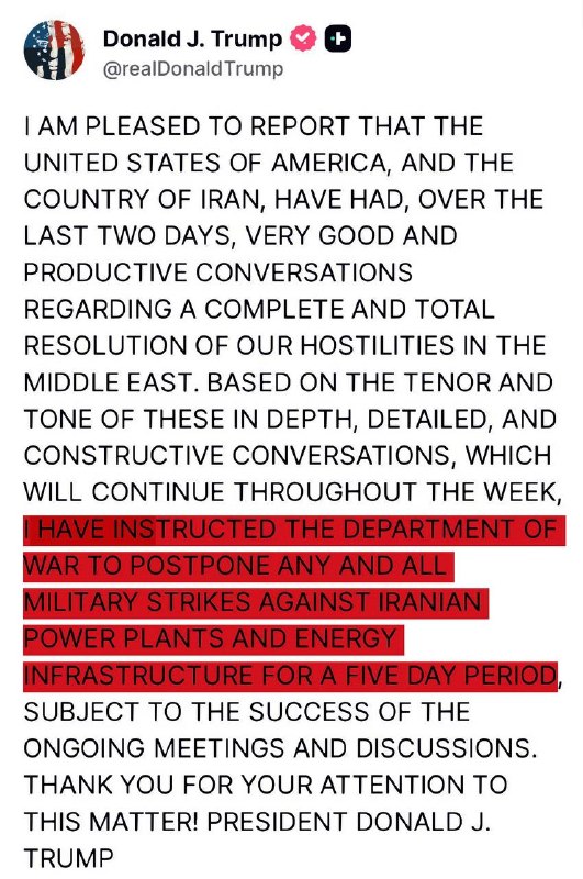 JUST IN - Trump says he has instructed the U.S. military to postpone 