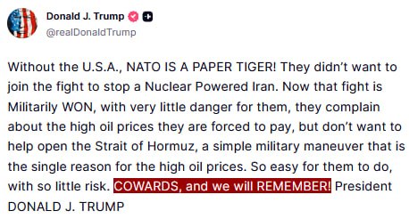 JUST IN - Trump on the countries that refused to help open the Strait of Hormuz, 