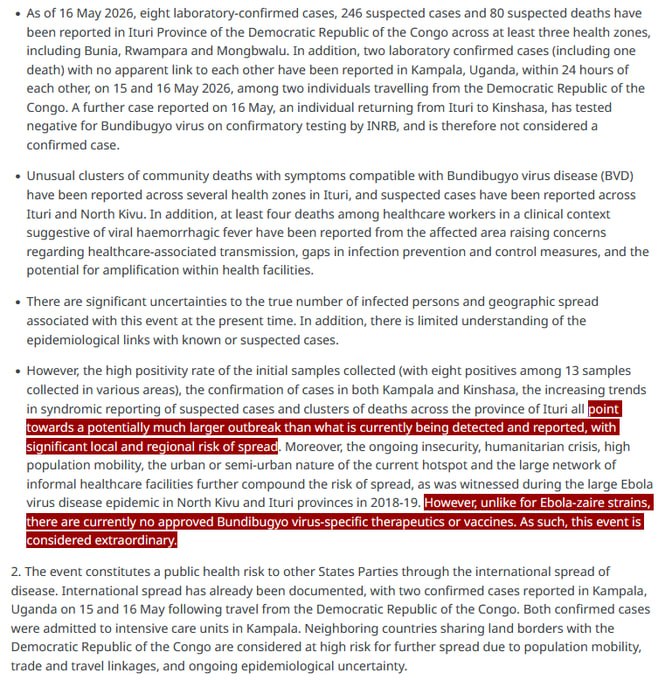 NEW - WHO declares the epidemic of Ebola-Bundibgyo strain in Democratic Republic of the Congo and Uganda, a PHEIC, public health emergency of international concern.Source: 