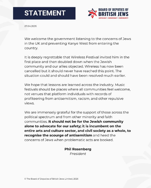 JUST IN - President of the Board of Deputies of British Jews releases a statement in response to Ye's ban and Wireless festival cancellation, 